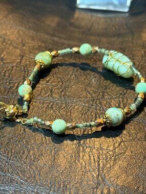 New Rare Jadeite Milk Sea Glass & Bead Bracelet With Gold Accents - Adjustable